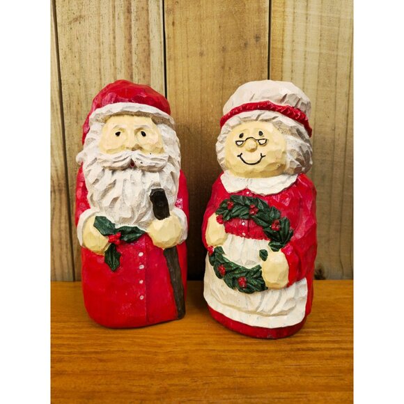 Vintage Hand Carved Santa and Mrs. Claus Figurines - Picture 1 of 11